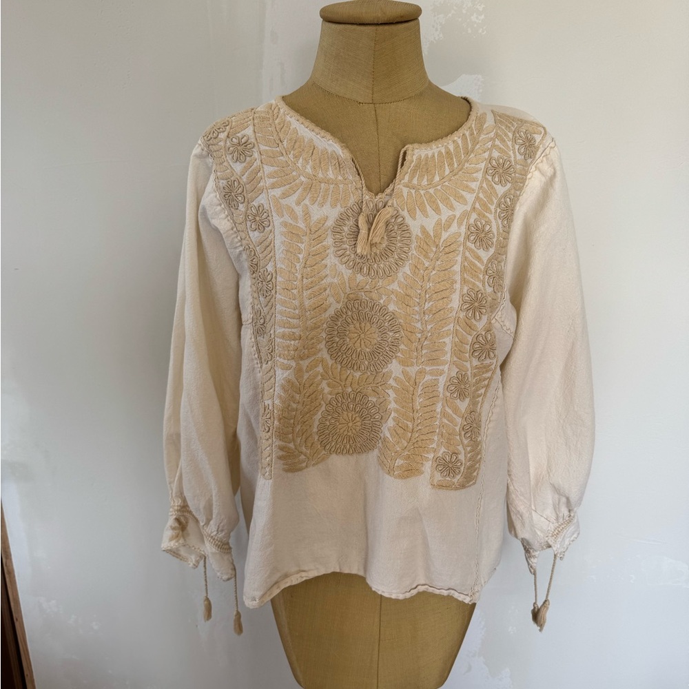 Vintage Embroidered Cream Peasant Top